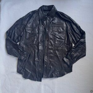 Robert Comstock Black Leather Western Shirt Jacket Made in Italy
